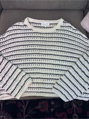 Bella Dahl Cream and Black Open-Knit Crew Sweater
